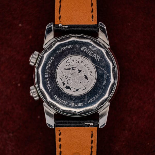 Enicar caseback engraved AUTOMATIC ULTRASONIC INCABLOC SWISS 126/002 STAINLESS STEEL around a raised Seapearl medallion