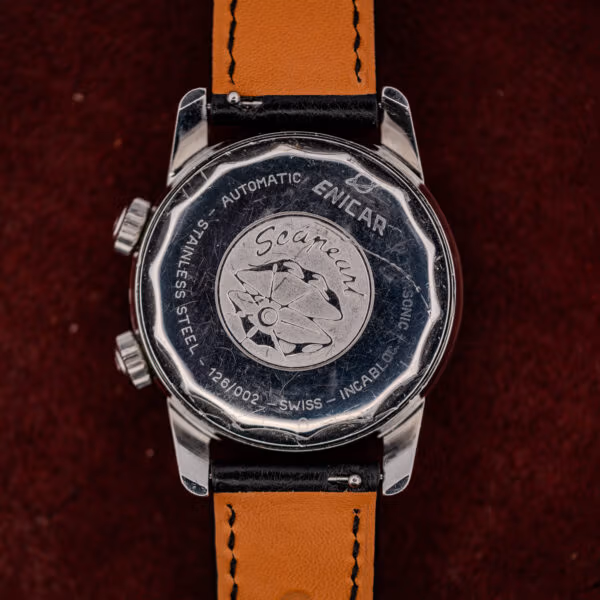 Enicar caseback engraved AUTOMATIC ULTRASONIC INCABLOC SWISS 126/002 STAINLESS STEEL around a raised Seapearl medallion