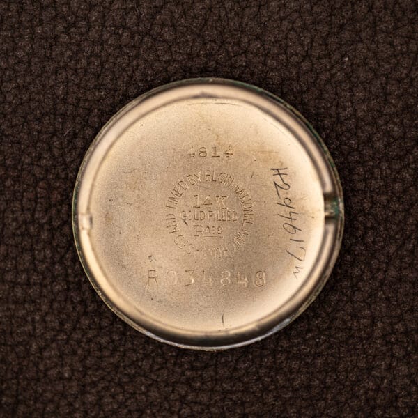 Lord Elgin caseback interior stamped model 4814, cased and timed by Elgin National Watch Co, case number R034848