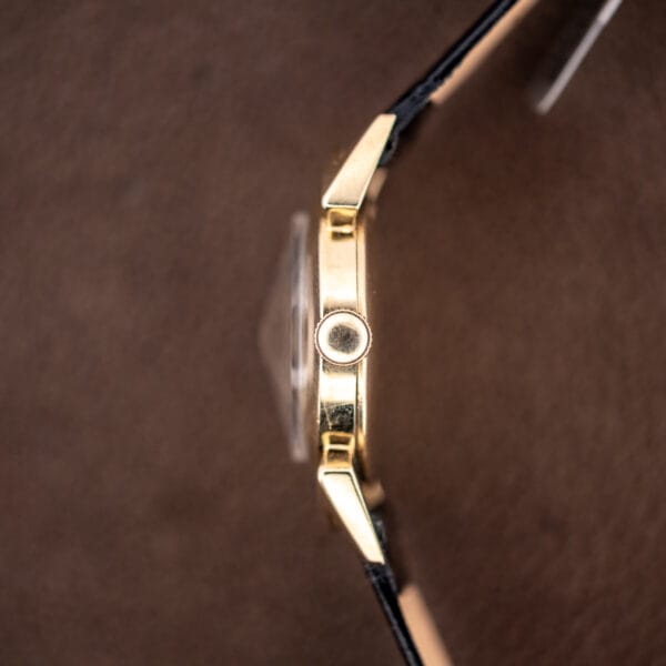 Lord Elgin Black Knight crown-side profile showing the fluted gold filled crown at three and stepped mid-case