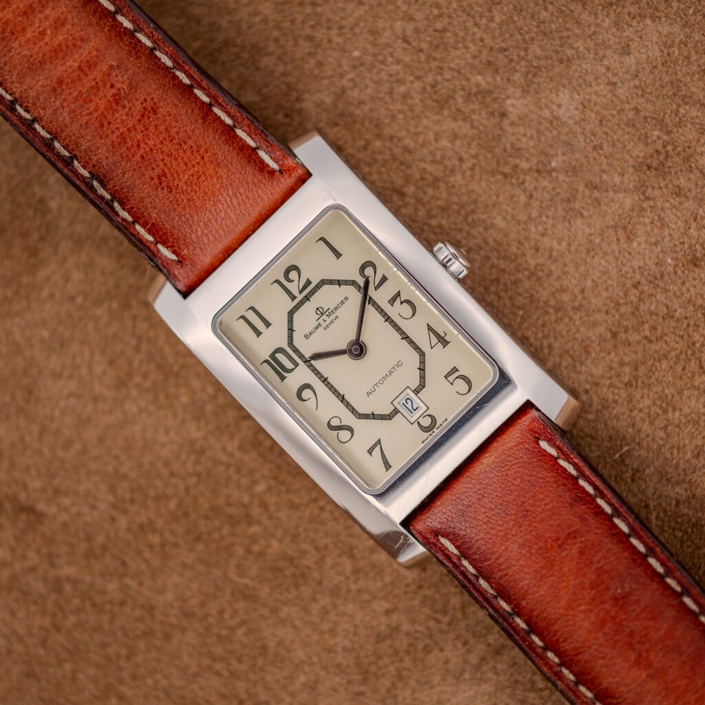 Baume Mercier Hampton MV045120 off-white Art Deco dial with date at six on brown leather strap