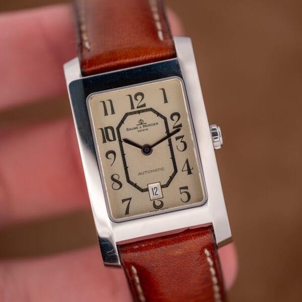 Baume Mercier Hampton MV045120 automatic dress watch on worn brown leather strap with contrast stitching