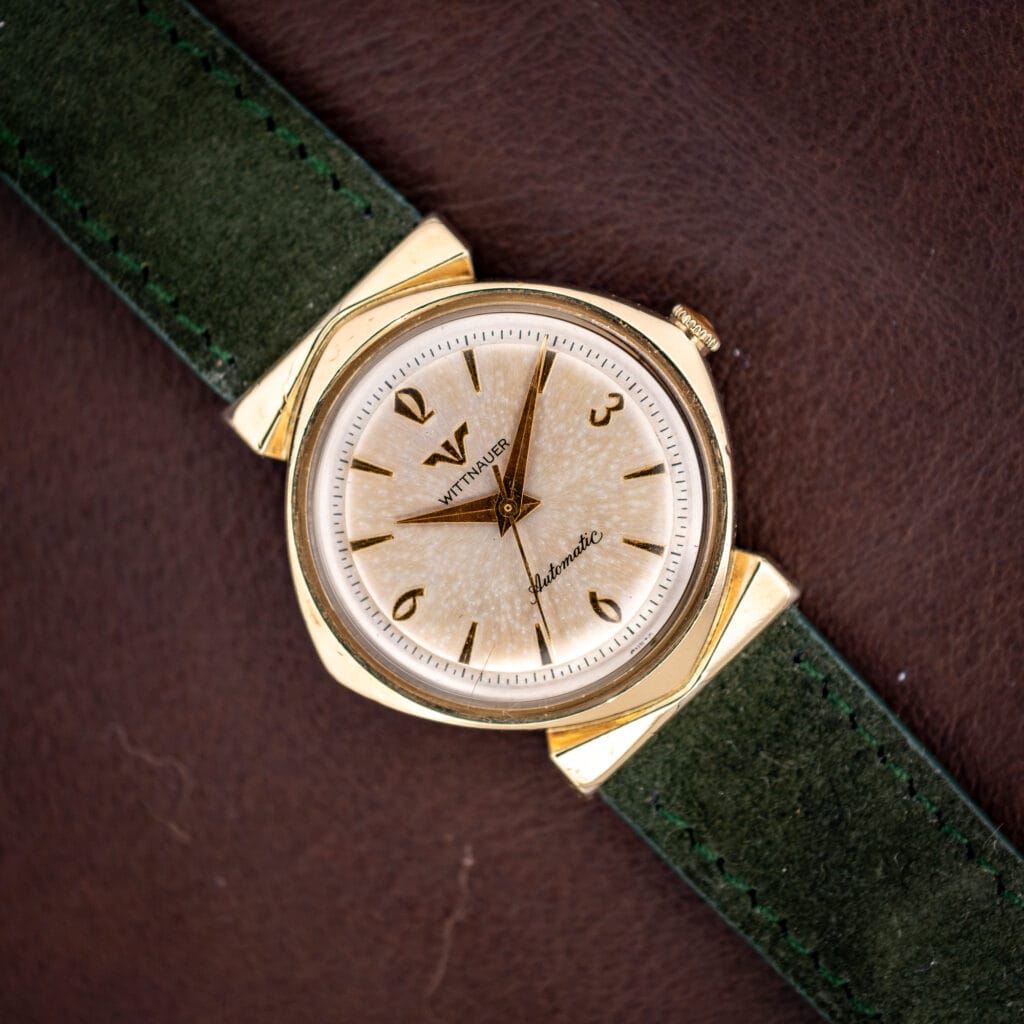Vintage Wittnauer automatic 2598-1 hooded lug case, patinated silver dial, forest green Italian suede strap