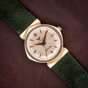 Vintage Wittnauer automatic 2598-1 hooded lug case, patinated silver dial, forest green Italian suede strap