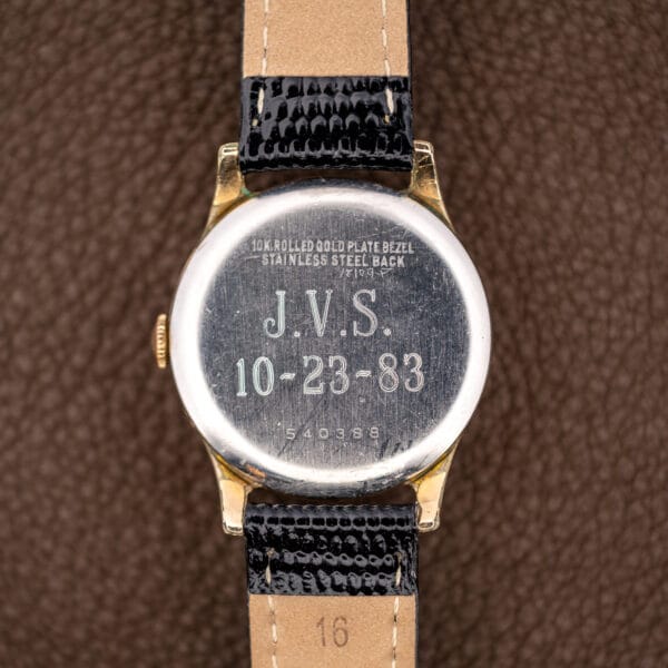 Benrus caseback stamped 10K ROLLED GOLD PLATE BEZEL and STAINLESS STEEL BACK with a later added engraving