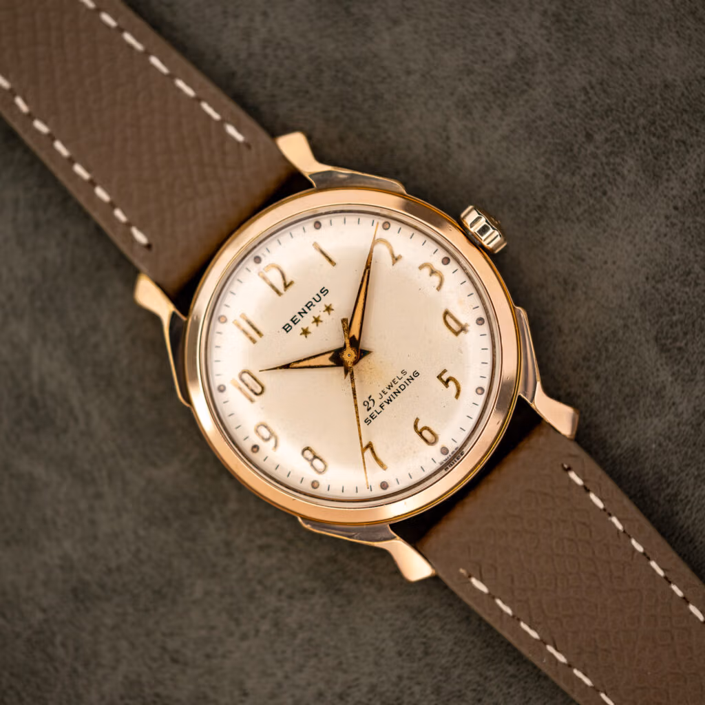 Vintage Benrus 3 Star Series 7155 automatic, cream dial and gold electroplate case on taupe leather strap