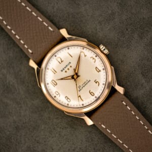 Vintage Benrus 3 Star Series 7155 automatic, cream dial and gold electroplate case on taupe leather strap