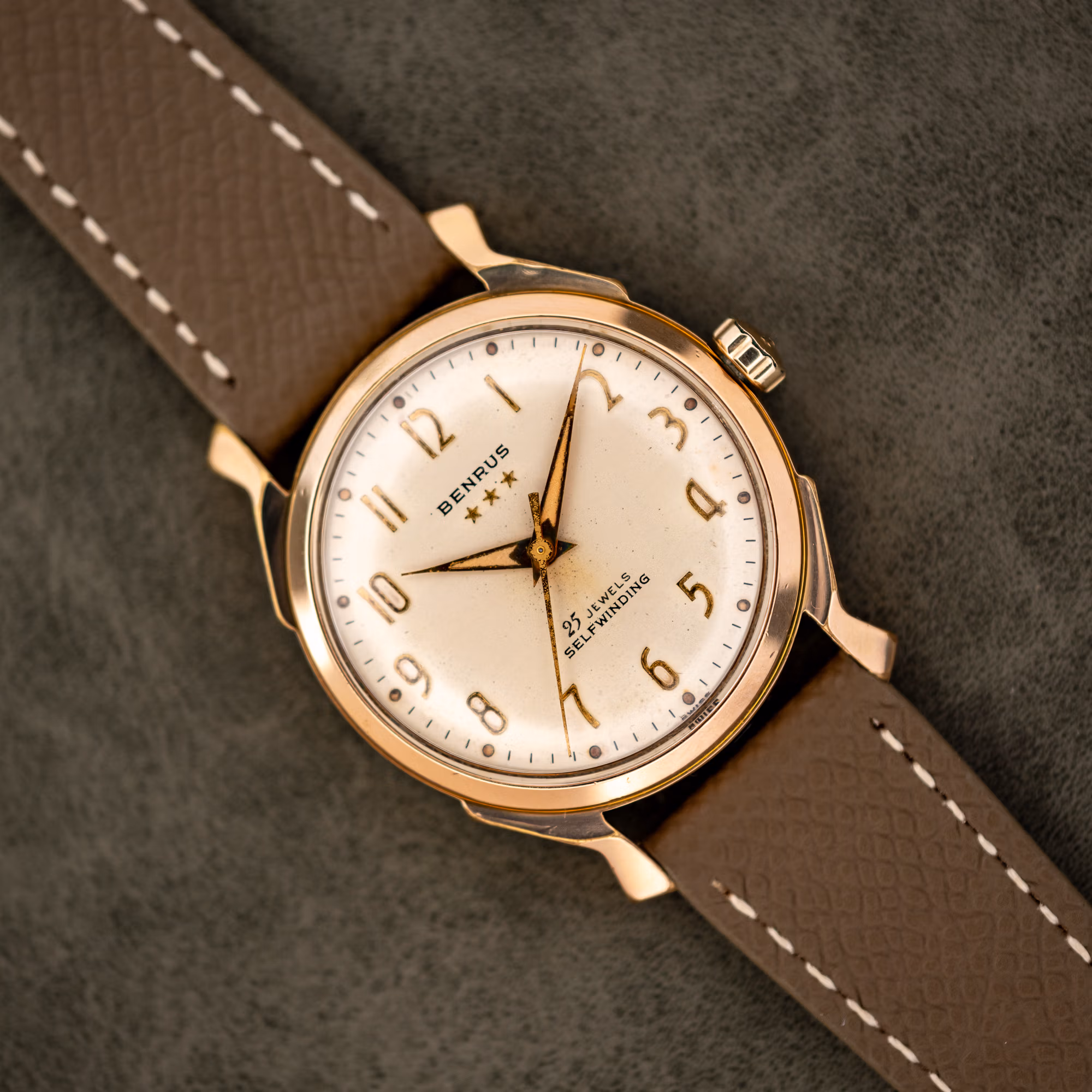 Vintage Benrus 3 Star Series 7155 automatic, cream dial and gold electroplate case on taupe leather strap