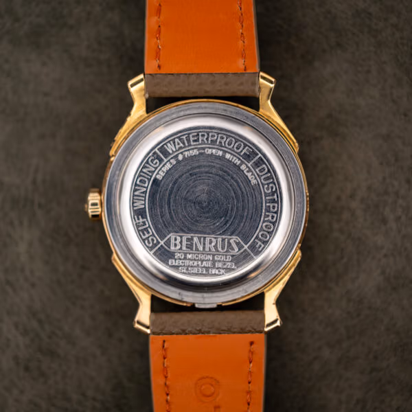 Benrus caseback stamped SERIES # 7155 - OPEN WITH BLADE and 20 MICRON GOLD ELECTROPLATE BEZEL, ST. STEEL BACK