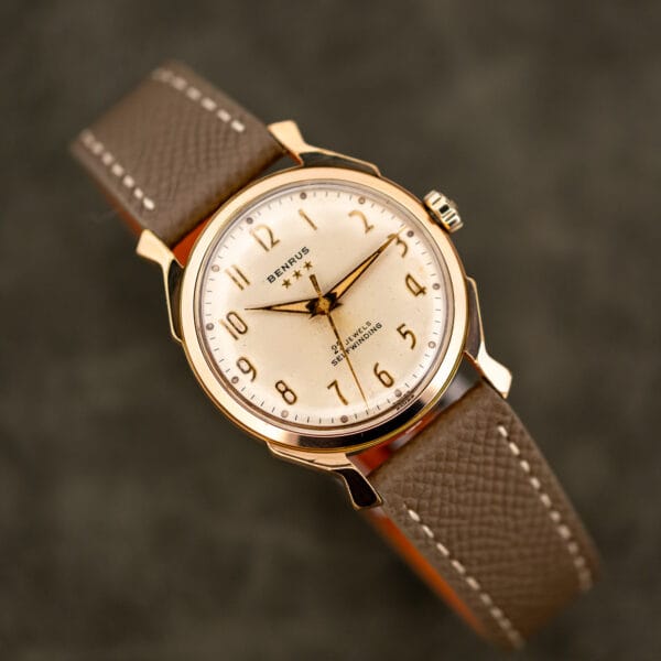 Vintage Benrus 3 Star automatic on taupe Saffiano strap, cream dial carrying honest speckling and age