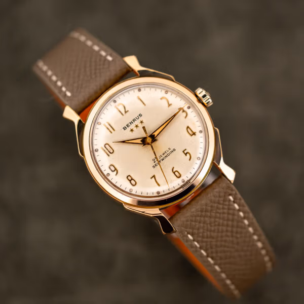 Vintage Benrus 3 Star automatic on taupe Saffiano strap, cream dial carrying honest speckling and age