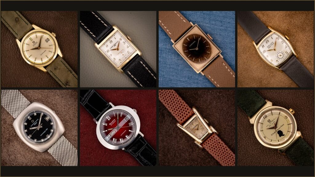 Eight watch shapes in a grid: round, rectangular, square, tonneau, cushion, disc, asymmetrical, and hooded-lug cases
