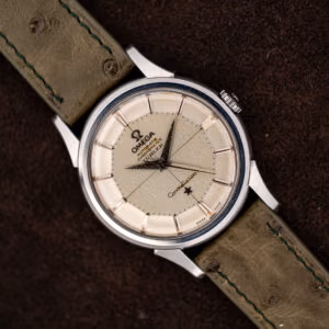 Omega Constellation 14381-7 pie-pan dial with Türler retailer signature, front view on olive ostrich strap