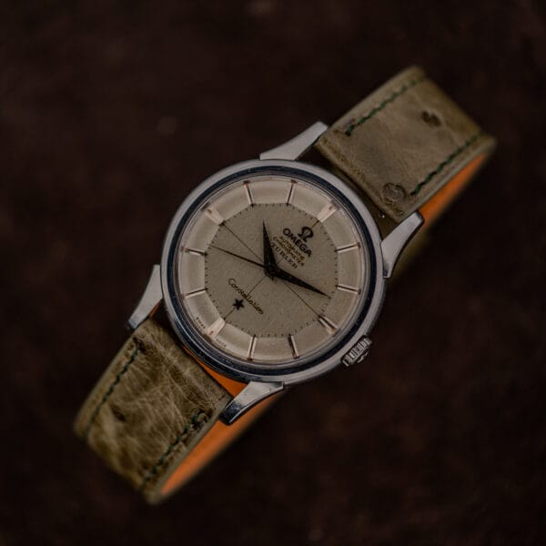 Omega Constellation 14381-7 aged pie-pan dial with Türler signature, crosshair layout and blackened dauphine hands