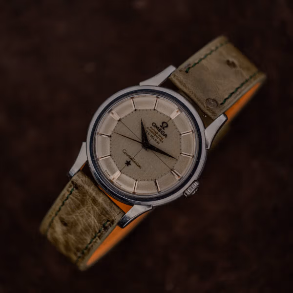 Omega Constellation 14381-7 aged pie-pan dial with Türler signature, crosshair layout and blackened dauphine hands