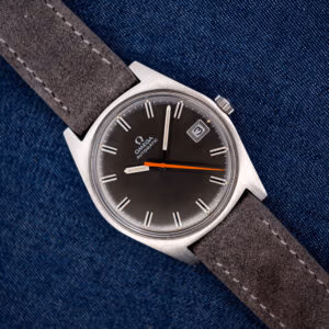 Vintage Omega Geneve 166.041 anthracite dial with orange seconds hand on anthracite suede strap