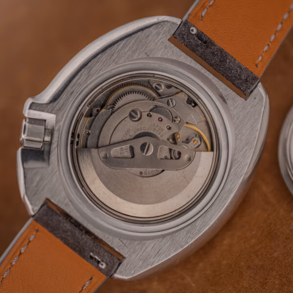 Open caseback of the Seiko Captain Willard showing the 6105 movement marked JAPAN and UNADJUSTED