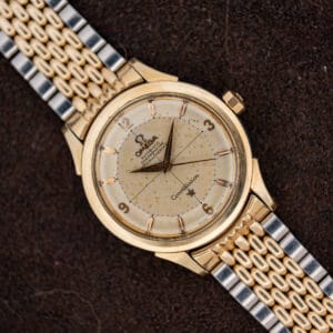 Omega Constellation 2852-9 SC pie-pan dial with heavy age spotting, gold capped case on two-tone expansion bracelet