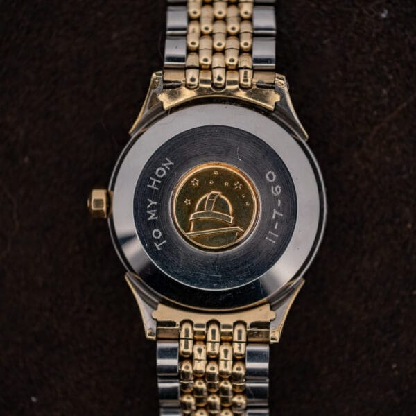 Omega Constellation 2852 caseback with observatory medallion, eight stars and dedication engraving reading TO MY HON
