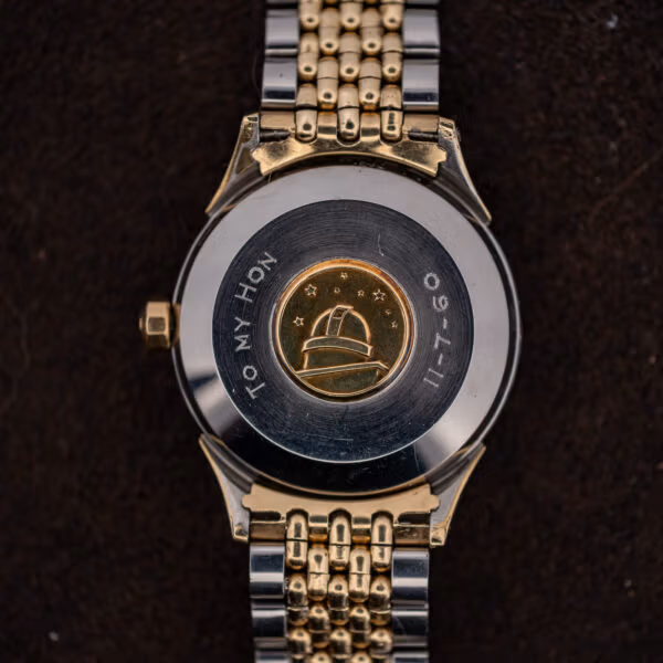 Omega Constellation 2852 caseback with observatory medallion, eight stars and dedication engraving reading TO MY HON