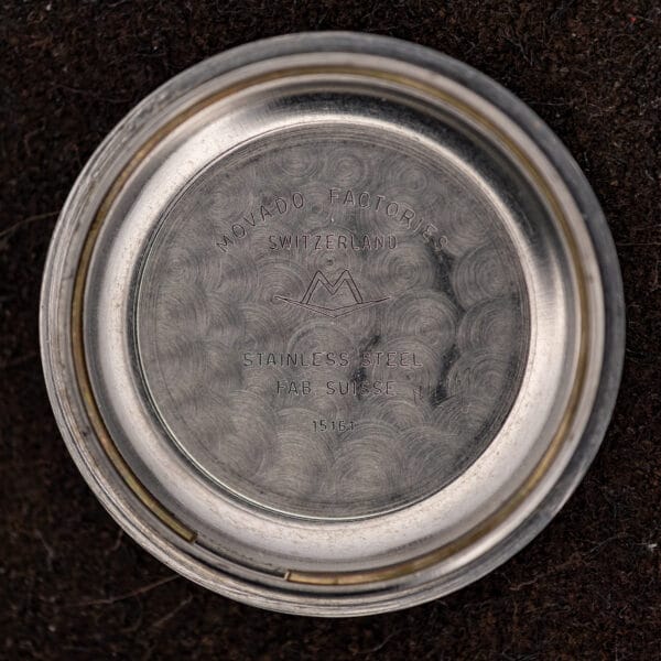 Movado Kingmatic 15161 inner caseback stamped MOVADO FACTORIES, STAINLESS STEEL and reference 15161 beneath the emblem