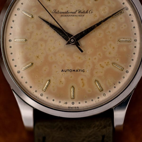 Lower IWC dial detail with AUTOMATIC lettering, SWISS marking, applied hour markers and dotted minute track