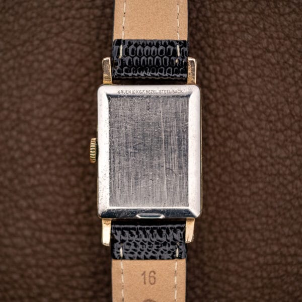 Gruen Precision 335/756 rear view with steel back, gold-filled bezel marking and strap underside stamped 16