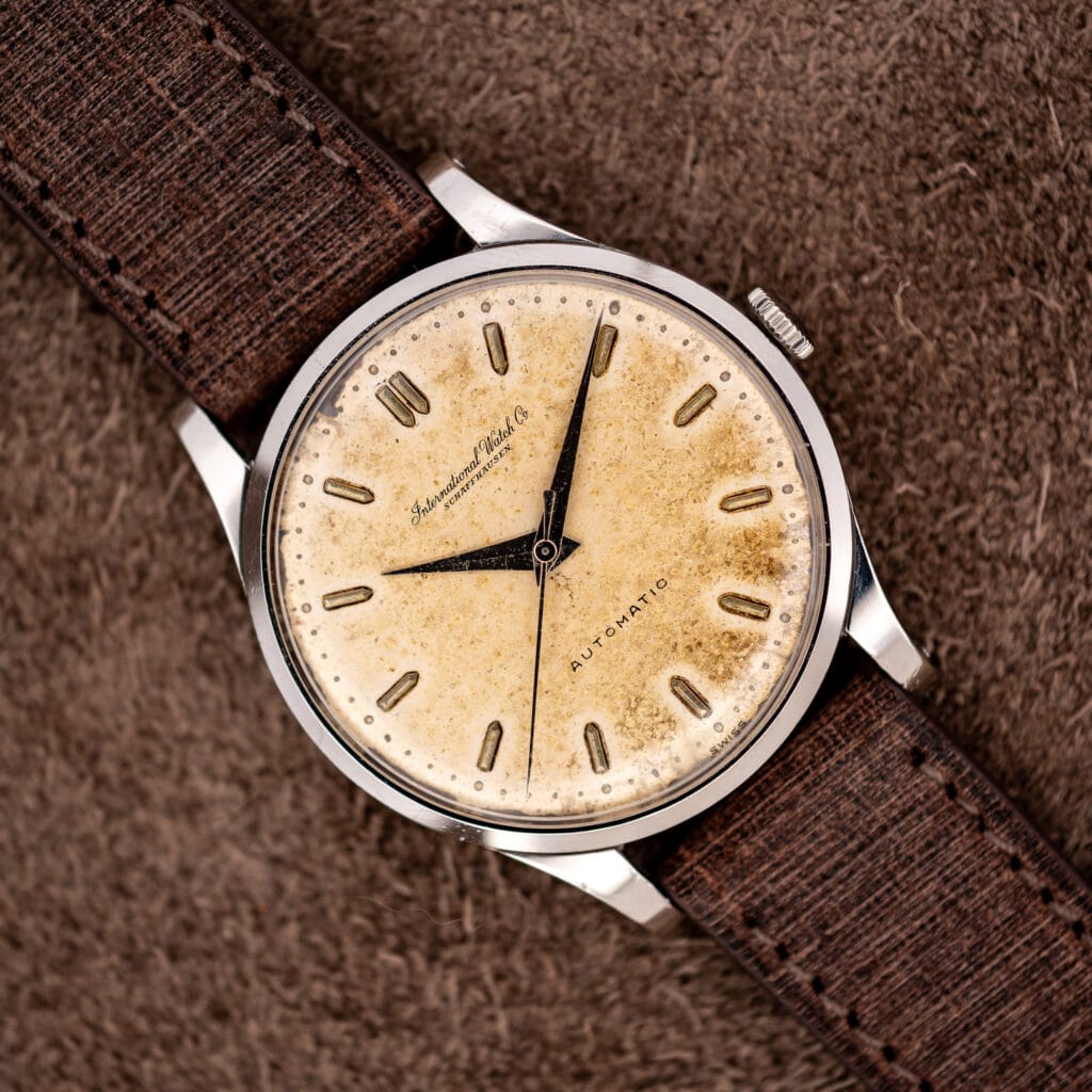 IWC automatic with mottled eggshell dial, dauphine hands and brown Babele strap