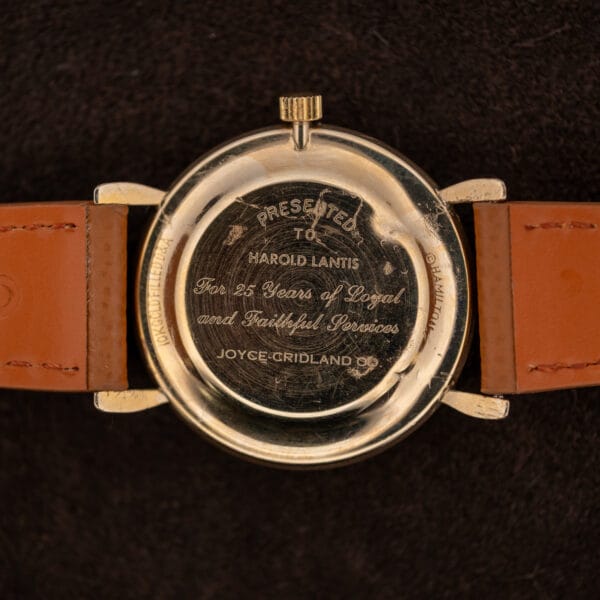 Engraved Hamilton Masterpiece caseback honoring Harold Lantis for 25 years of service at Joyce-Cridland