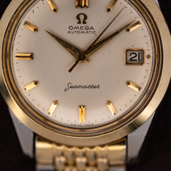 Close-up of Omega Seamaster 14744-1 with dauphine hands, central seconds and Seamaster script above six