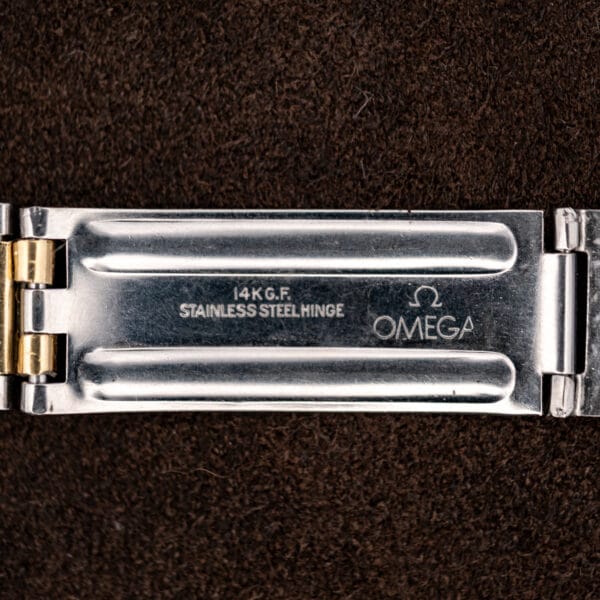 Omega Seamaster 14744-1 folding clasp interior signed Omega and stamped 14K G.F. and STAINLESS STEEL HINGE
