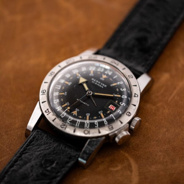 Low angled view of the Glycine Airman showing its raised crystal, date window and two crown-side controls