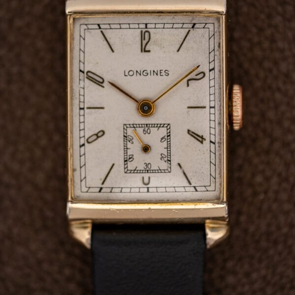 Lower dial detail of the Longines tank, with square small-seconds register and broad lower case edge