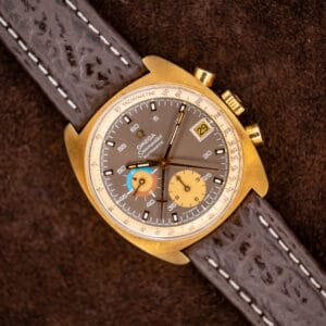 Omega Seamaster 176.007 chronograph with mocha dial, contrasting registers, and brown stitched shark skin strap