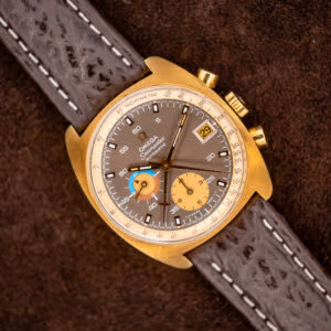 Omega Seamaster 176.007 chronograph with mocha dial, contrasting registers, and brown stitched shark skin strap