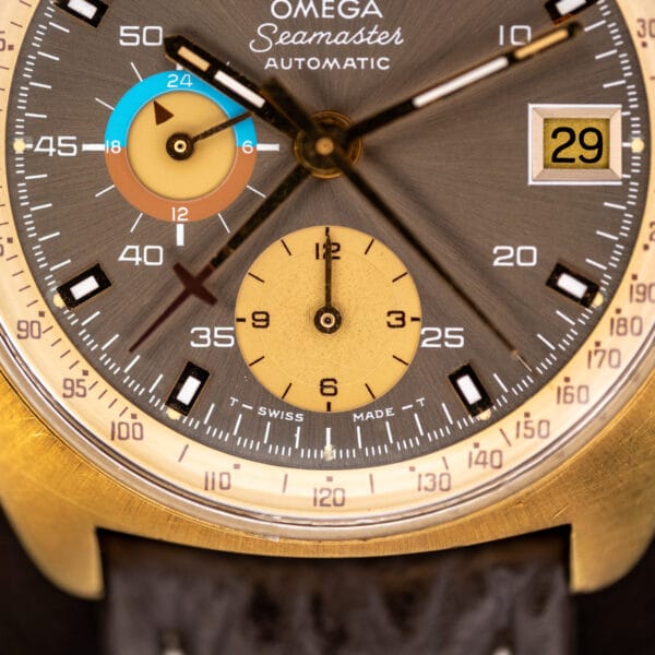Omega Seamaster 176.007 lower dial with twelve hour counter, central chronograph hands, and Swiss markings
