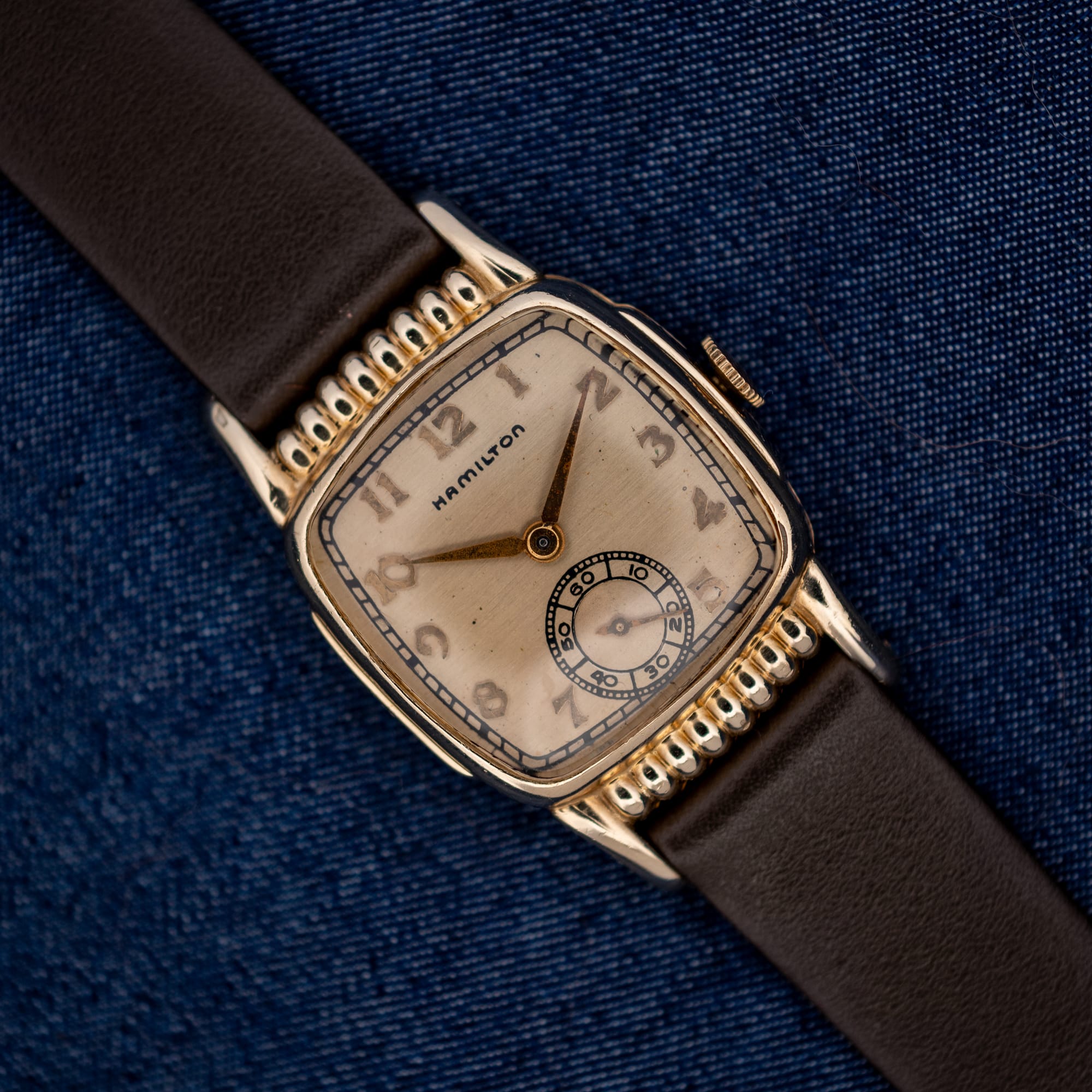 DSCF7480 Hamilton Roland with Arabic numeral silver dial, ribbed gold filled case ends and brown leather strap