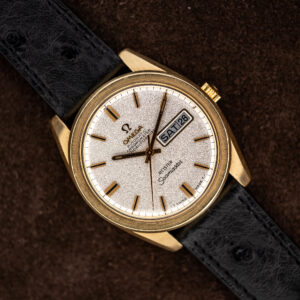 Omega Seamaster 168.023 angled dial view with day-date window and textured black ostrich strap