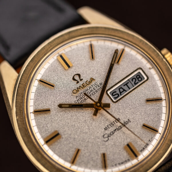 Omega Seamaster oblique dial close-up showing applied Omega emblem, textured finish and framed calendar display