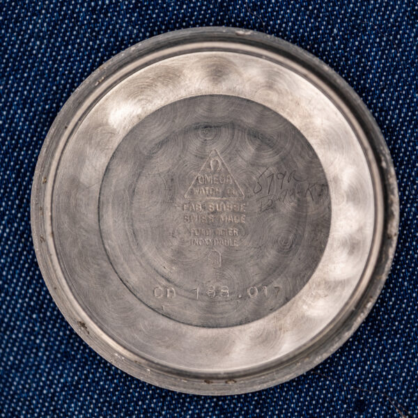 Omega Constellation 168.017 inner caseback with reference stamping, maker signature and French steel marking