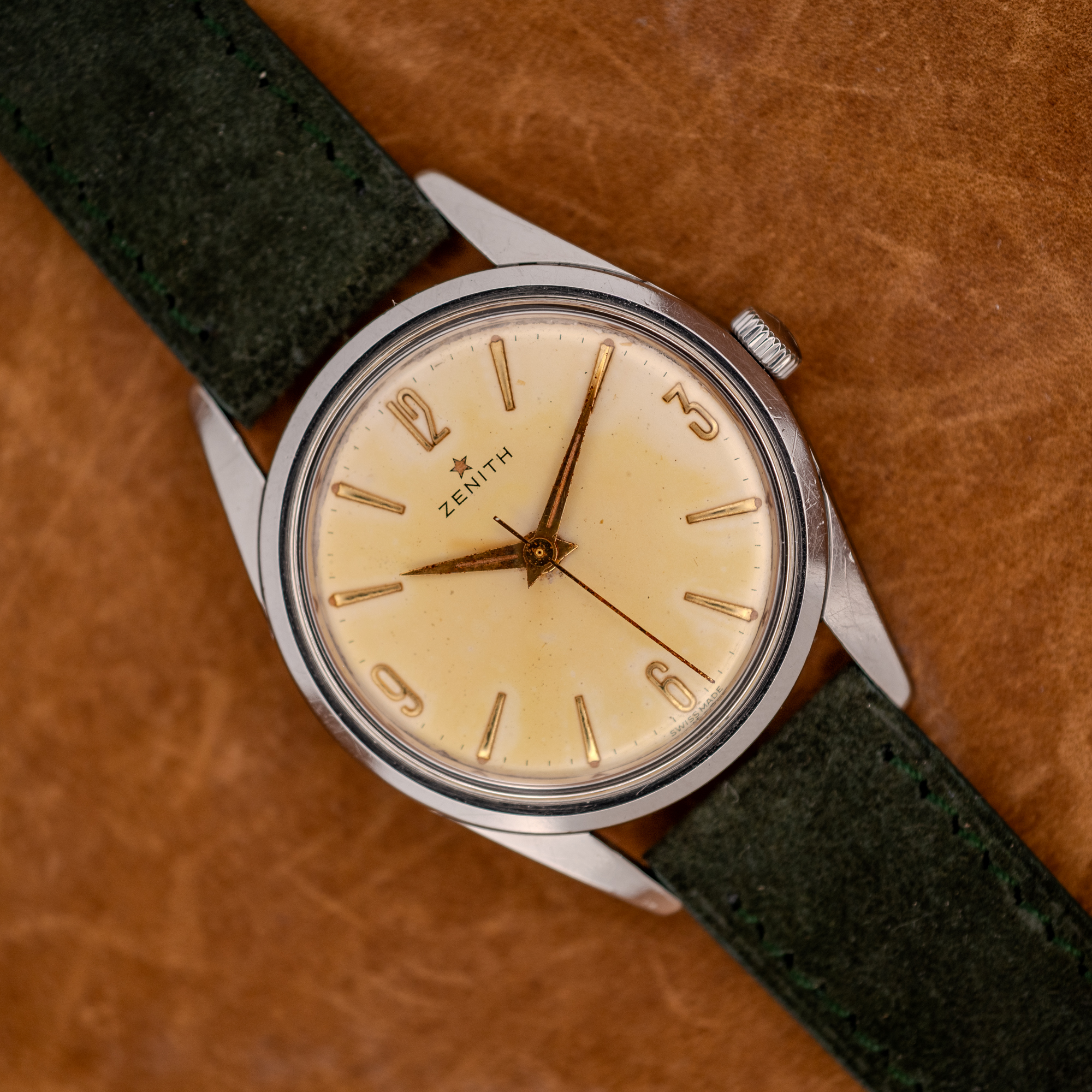 DSCF7673 Zenith manual wind watch diagonal portrait with Arabic quarter-hour numerals and forest green Italian suede strap