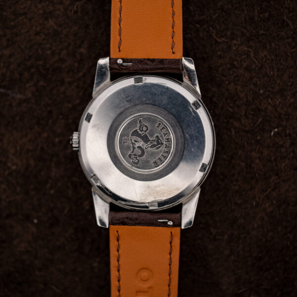 Omega Seamaster outer caseback showing hippocampus medallion, Seamaster lettering and perimeter opening notches beside strap lining