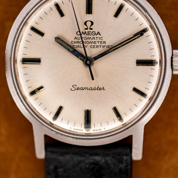 Lower dial close-up showing the Seamaster script and T SWISS MADE T on the Omega 167.070