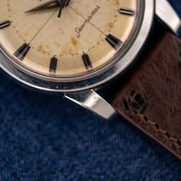 Macro of the Omega Seamaster lower dial, scratched steel bezel, lug and textured brown ostrich strap