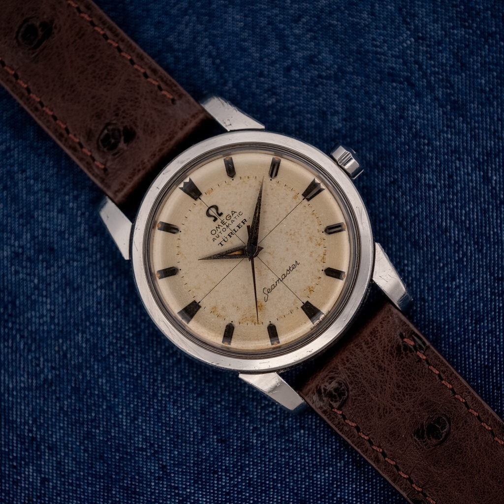 Omega Seamaster 2846-15 SC top view with eggshell crosshair dial, Türler signature and chocolate-brown ostrich strap