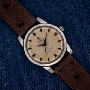 Omega Seamaster 2846-15 SC top view with eggshell crosshair dial, Türler signature and chocolate-brown ostrich strap