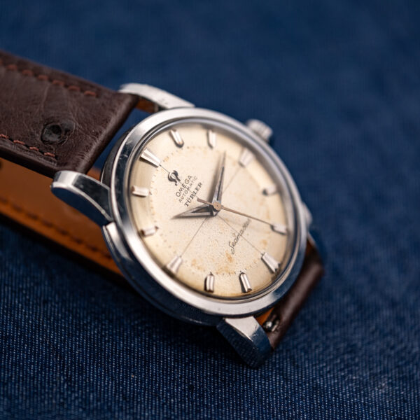 Low oblique front of the Omega Seamaster 2846-15 SC with crosshair dial under the domed crystal