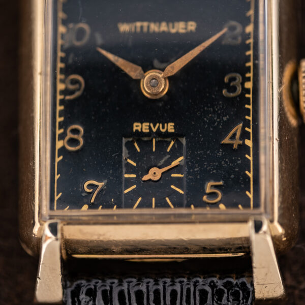 Lower dial of the Wittnauer Revue with the recessed square small-seconds register and REVUE lettering