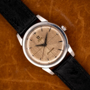 Omega Seamaster 2846-1 SC top view with marbled crosshair dial, Arabic twelve and black ostrich strap