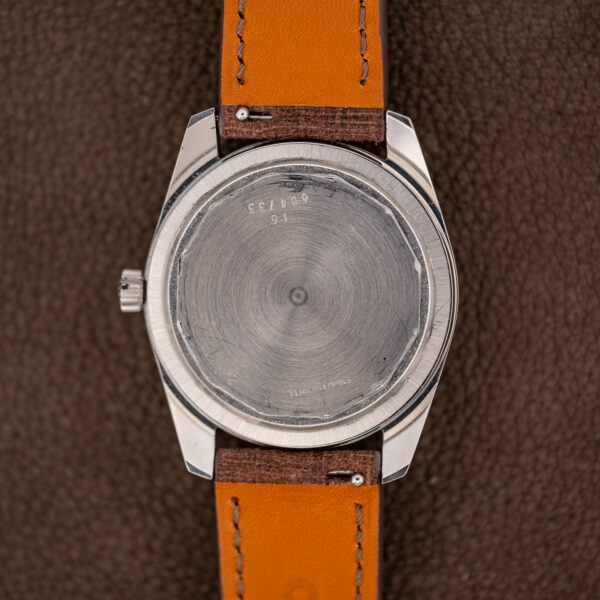 Back of the Longines Admiral HF showing the stainless steel caseback with its engraved numbers and strap undersides